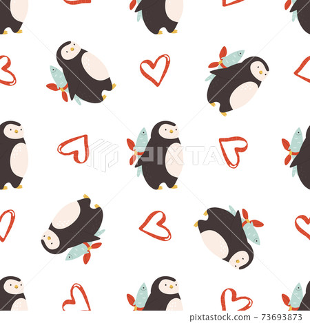Vector seamless pattern with cute penguins for St. Valentines Day. Vector seamless pattern with cute penguins for St. Valentines Day. 73693873
