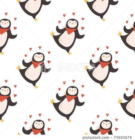 Vector seamless pattern with cute penguins for St. Valentines Day. Vector seamless pattern with cute penguins for St. Valentines Day. 73693874