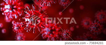 covid-19 3d red banner corona virus 2019-ncov flu outbreak, microscopic view of floating influenza virus cells 73694281