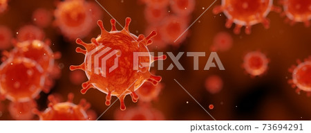 corona virus 2019-ncov flu outbreak, covid-19 3d banner illustration, microscopic view of floating influenza virus cells in red color 73694291