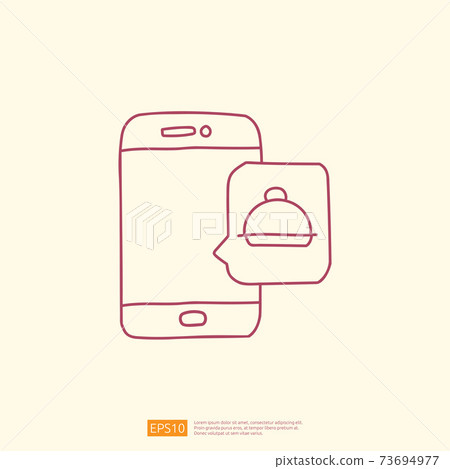 food delivery service on smartphone screen icon. food shopping from home concept with line doodle style vector illustration 73694977