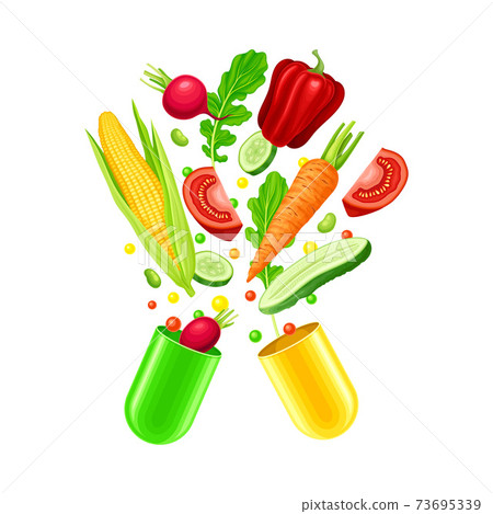 Open Hard-shelled Capsule with Vegetables as Vitamins and Supplement Vector Illustration 73695339