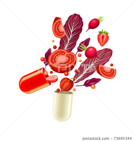 Open Hard-shelled Capsule with Vegetables as Vitamins and Supplement Vector Illustration Open Hard-shelled Capsule with Vegetables as Vitamins and Supplement Vector Illustration 73695344