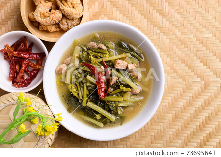 Northern Thai food (Pak Kad Jor), Sour soup Thai flowering bok choy with pork 73695641