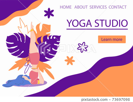 Website banner design for Yoga studio promotion with Learn more button. Yogi woman meditating Website banner design for Yoga studio promotion with Learn more button. Yogi woman meditating 73697098