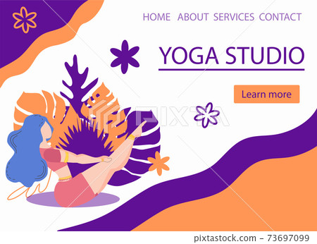 Website banner design for Yoga studio promotion with Learn more button. Yogi woman meditating 73697099