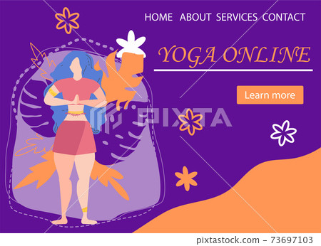 Website banner design for Yoga studio promotion with Learn more button. Yogi woman meditating Website banner design for Yoga studio promotion with Learn more button. Yogi woman meditating 73697103