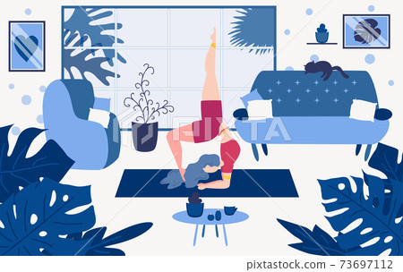 Young woman sitting in yoga pose and meditation. Girl performing aerobics exercise and morning meditation at home. Young woman sitting in yoga pose and meditation. Girl performing aerobics exercise and morning meditation at home. 73697112