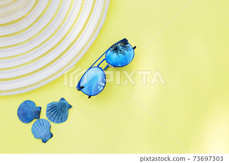 Travel vacation background. Sun glasses sea shells yellow background. Concept summer holidays. 73697303