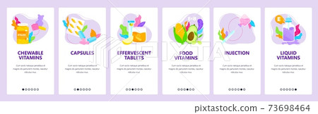 Chewable, liquid, food vitamins, capsules, tablets, injection. Mobile app screens, vector website banner template. Chewable, liquid, food vitamins, capsules, tablets, injection. Mobile app screens, vector website banner template. 73698464