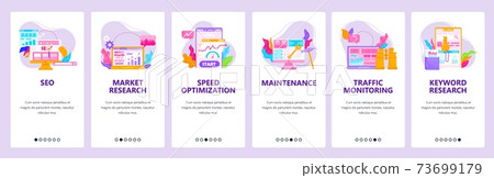 Seo optimization, traffic monitoring, market and keyword research. Mobile app screens, vector website banner template. Seo optimization, traffic monitoring, market and keyword research. Mobile app screens, vector website banner template. 73699179