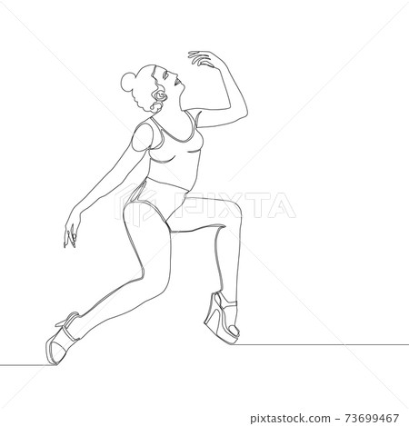 Continuous one line drawing of a girl in dance. Continuous one line drawing of a girl in dance. 73699467