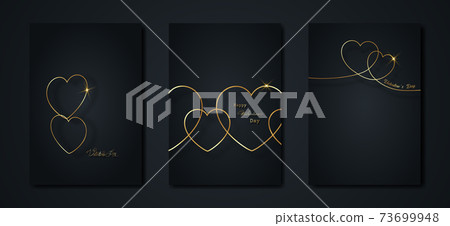 Happy Valentines day vector set greeting card. Gold heart on black background. Golden holiday poster with text, jewels. Concept for Valentines border banner, flyer, party invitation, jewelry gift shop Happy Valentines day vector set greeting card. Gold heart on black background. Golden holiday poster with text, jewels. Concept for Valentines border banner, flyer, party invitation, jewelry gift shop 73699948