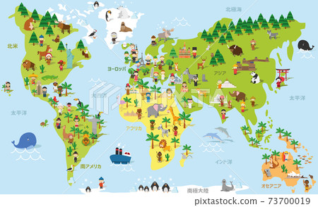 Funny cartoon world map with childrens of different nationalities, animals and monuments of all the continents and oceans. Names in japanese. Vector illustration for preschool education and kids 73700019