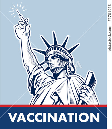 Statue of Liberty holding in hand vaccine for coronavirus. Vaccine for Covid-19 concept Statue of Liberty holding in hand vaccine for coronavirus. Vaccine for Covid-19 concept 73701938