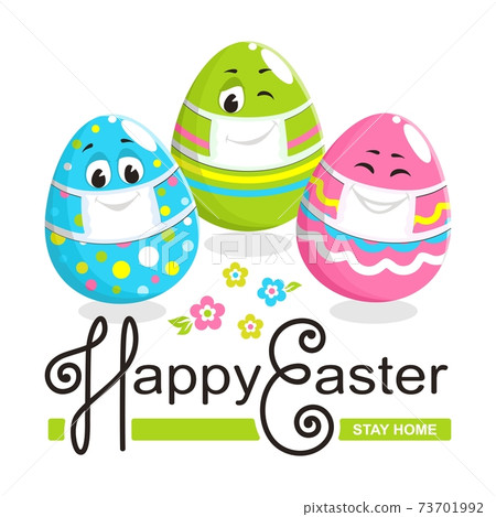 Square colorful happy easter greeting card. Three cheerful cute character eggs with face, eyes and smile. They have medical masks that protect against coronavirus. Text: stay home. Vector illustration 73701992