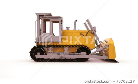 Agricultural machinery, large yellow tarktor with bucket and tracks. Modern agricultural technology, 3d illustration. Side view. Agricultural machinery, large yellow tarktor with bucket and tracks. Modern agricultural technology, 3d illustration. Side view. 73702127