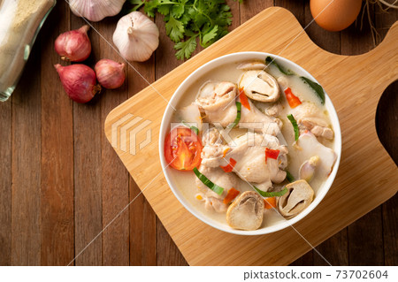 Spicy Chicken Drumstick Soup (Tom Yum Gai) ,Spicy soup thai style.Top view. 73702604
