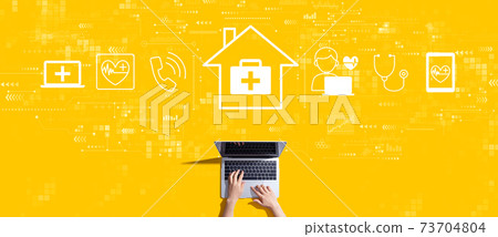 Telehealth theme with person working with laptop Telehealth theme with person working with laptop 73704804