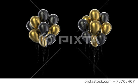 3d render Bundle golden and black balloons on a black background 3d render Bundle golden and black balloons on a black background 73705407