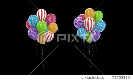 3d render Bundle multicolored balloons on a black background 73705410