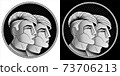 Gemini zodiac sign, monochrome horoscope symbol. Pixel style astrological icon. Stylized black white graphic portrait twins, young guys from future with stylish modern hairstyle undercut hair. Vector. 73706213