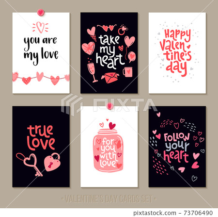 Set Valentine's Day greeting cards with lettering and decorative hand drawn love elements. 73706490