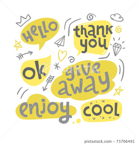 Catchwords set. Hand drawn lettering for promotion in speech bubbles and hand drawn stickers. 73706491