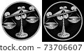 Libra zodiac sign, astrological, horoscope symbol. Pixel monochrome style icon. Stylized graphic black white scales is decorated with ornate decor, geometric pattern on scale pans. Vector illustration 73706607