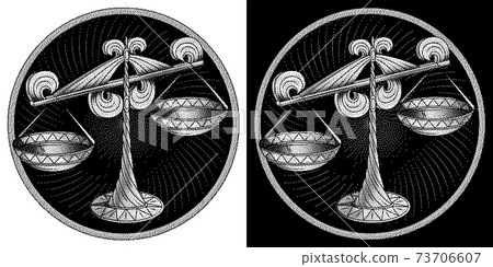 Libra zodiac sign, astrological, horoscope symbol. Pixel monochrome style icon. Stylized graphic black white scales is decorated with ornate decor, geometric pattern on scale pans. Vector illustration 73706607