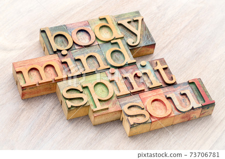body, mind, spirit and soul word abstract in wood type 73706781