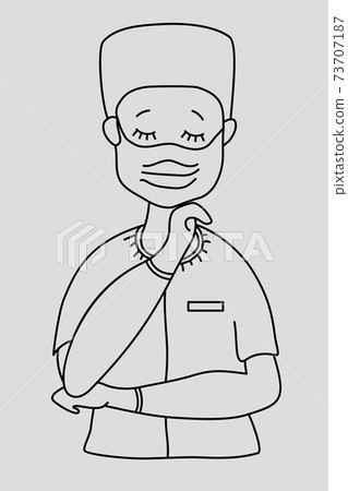 A cute nurse, a doctor with closed eyes in a medical uniform, protective cap, gloves and a mask. Vector. outline, line. Doctor saves people from virus and pandemic A cute nurse, a doctor with closed eyes in a medical uniform, protective cap, gloves and a mask. Vector. outline, line. Doctor saves people from virus and pandemic 73707187