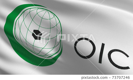 OIC or Organisation of Islamic Cooperation flag blowing in the wind isolated. Official religion abstract design. 3D rendering illustration of waving sign symbol. OIC or Organisation of Islamic Cooperation flag blowing in the wind isolated. Official religion abstract design. 3D rendering illustration of waving sign symbol. 73707246