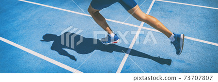 Sprinting man runner sprinter athlete running shoes and legs on track and field lane run race competing fast panoramic banner background 73707807