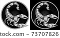 Scorpio zodiac sign, astrological, horoscope symbol. Pixel monochrome icon style. Stylized graphic black white scorpion, raised up sting, pincers, ready to attack. Portrait scorpio in circle. Vector. 73707826