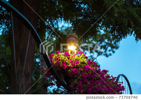 decorative lantern for lighting hanging flowerpots with petunia flowers in the evening garden on an iron decorative arch, a closeup of the night scene of landscape illumination warm glow, nobody. decorative lantern for lighting hanging flowerpots with petunia flowers in the evening garden on an iron decorative arch, a closeup of the night scene of landscape illumination warm glow, nobody. 73708740