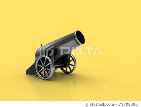 Ancient cannon. 3d Illustration of vintage cannon on a yellow background. Medieval weapons for your design Ancient cannon. 3d Illustration of vintage cannon on a yellow background. Medieval weapons for your design 73709306