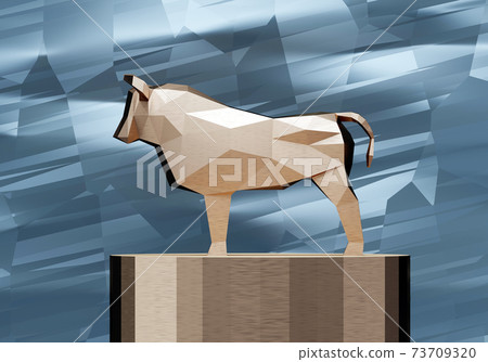 low poly golden bull on a cylinder stand, a symbol of the new year 2021, 3d render low poly golden bull on a cylinder stand, a symbol of the new year 2021, 3d render 73709320