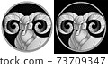 Aries zodiac sign, astrological, horoscope symbol. Pixel monochrome icon style. Stylized graphic black white portrait of stately, proud male sheep, blue big twisted horns. Ram looking to side. Vector. 73709347