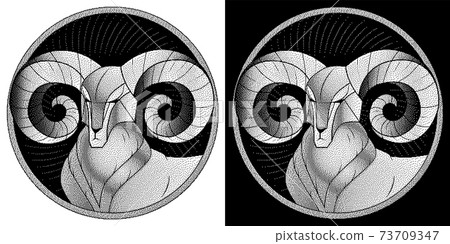 Aries zodiac sign, astrological, horoscope symbol. Pixel monochrome icon style. Stylized graphic black white portrait of stately, proud male sheep, blue big twisted horns. Ram looking to side. Vector. 73709347