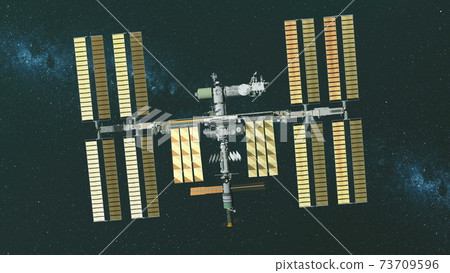 Closeup Earth satellite International Space Station with NASA cosmos discovery. Golden solar panels 73709596