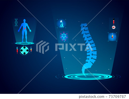 Molecular structure spine bone pain background. Abstract traumatology and orthopedics with molecule DNA. Medical, science and technology, hospital for body joints, anatomy concept. Vector illustration 73709787