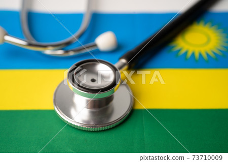Black stethoscope on Rwanda flag background, Business and finance concept. 73710009
