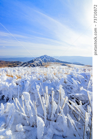 Winter Karasuhatake and hoarfrost seen from the summit of Mt. Kishima, Aso City, Kumamoto Prefecture 73710872