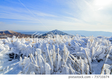 Winter Karasuhatake and hoarfrost seen from the summit of Mt. Kishima, Aso City, Kumamoto Prefecture 73710874