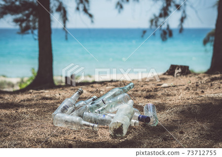 Close landfill old dirty transparent discarded empty glass alcohol drinks bottles trash on ground forest nature sea park. Alcoholism addiction problem bad habits, ecology issues environment pollution Close landfill old dirty transparent discarded empty glass alcohol drinks bottles trash on ground forest nature sea park. Alcoholism addiction problem bad habits, ecology issues environment pollution 73712755