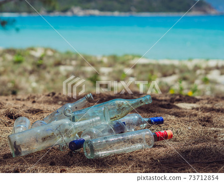 Close landfill old dirty transparent discarded empty glass alcohol drinks bottles trash on ground forest nature sea park. Alcoholism addiction problem bad habits, ecology issues environment pollution Close landfill old dirty transparent discarded empty glass alcohol drinks bottles trash on ground forest nature sea park. Alcoholism addiction problem bad habits, ecology issues environment pollution 73712854