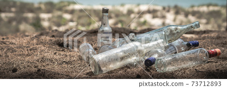 Close landfill old dirty transparent discarded empty glass alcohol drinks bottles trash on ground forest nature sea park. Alcoholism addiction problem bad habits, ecology issues environment pollution Close landfill old dirty transparent discarded empty glass alcohol drinks bottles trash on ground forest nature sea park. Alcoholism addiction problem bad habits, ecology issues environment pollution 73712893
