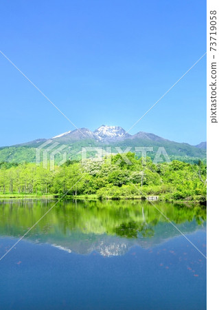 新鮮的綠色依森池塘和妙高山 73719058