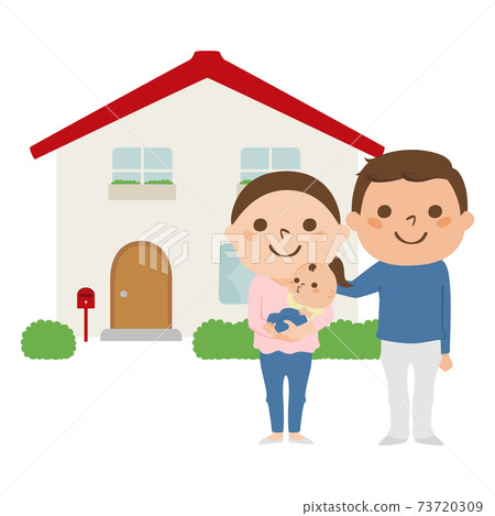 Illustration of a couple, a baby and a house. A happy family who built a new house. 73720309